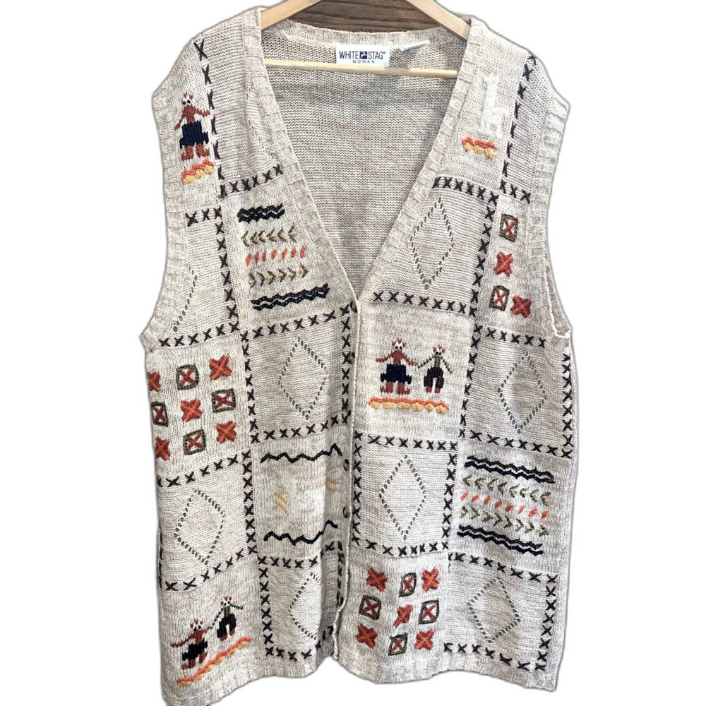 Vintage Embroidered Cardigan Aztec Geometric Boho Layering White Stag 26W/28W